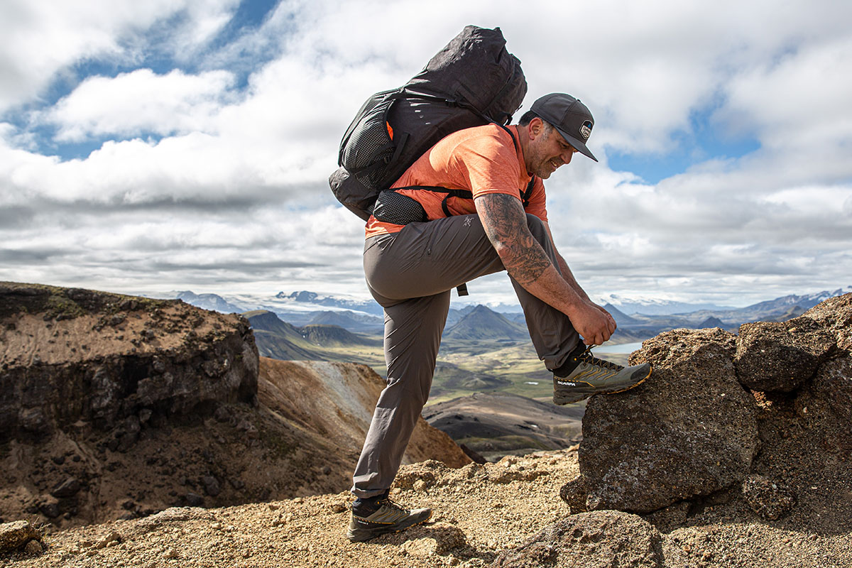 Scarpa Rush Mid 2 GTX hiking boots (tying boots on peak)